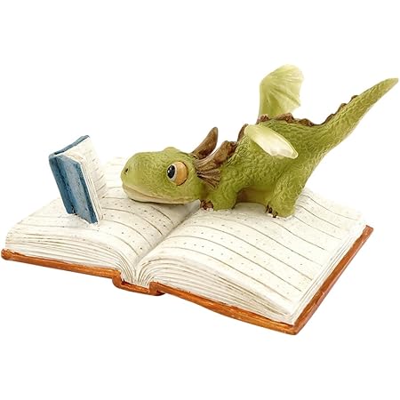 Top Collection Miniature Fairy Garden and Terrarium Mini Dragon Reading Figurine, Green White