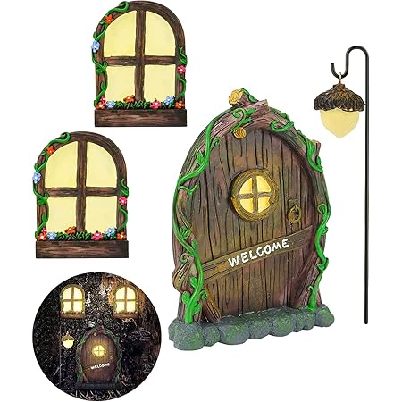 Miniature Gnome Fairy House Window and Door for Trees, Glow in The Dark Yard Art Garden Sculpture Lawn Ornament Decoration Mini Fairy Garden Outdoor Decor Accessories with Bonus Fairy Lantern