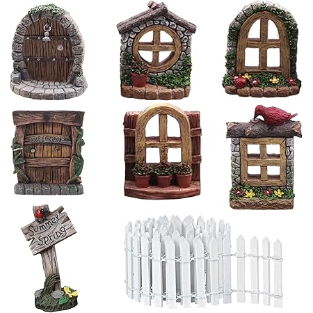 BEZALEL Fairy Door and Window for Pot Trees - Resin Vintage Fairy Garden Miniatures Mini Fairy Doors and Fairy Windows for Garden Flower Pot Bonsai Terrarium Decoration