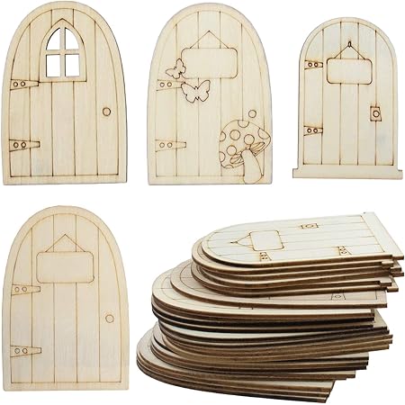 AUEAR, 24 Pack Unpainted Fairy House Doors Mini Wooden Miniature Garden Door for DIY Craft 4 Styles