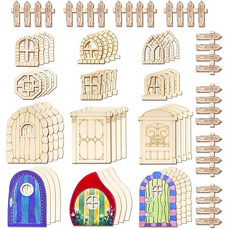 Halandar 56 Pcs Fairy Door Wooden Garden Doors Craft Mini Window Fairy House Mini Fences DIY Kit Unfinished Miniature Door Unpainted Fairy Window Accessories for Wall Home Party Decoration (Antique)