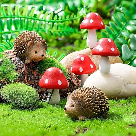 Queekay Fairy Outdoor Garden Animals Figurines Outdoor Fairy Wild Garden Accessories Resin Hedgehogs and Wood Mushroom Miniature Garden for Plant Pots Bonsai Craft Decor Fairy Wild Garden Supplies