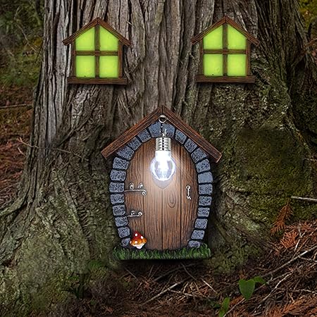 Juegoal Fairy Gnome Home Miniature Window and Door with Litter lamp for Trees Decoration, Glow in Dark Fairies Sleeping Door and Windows, Yard Art Garden Sculpture, Lawn Ornament Decor