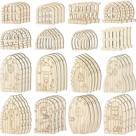 64 Pcs Fairy Door Mini Wooden Garden Doors Unfinished DIY Craft Fairy House Kit Unpainted Wood Miniature Door Blank Fairy House Doors and Windows for Home Office Wedding Party Decoration Accessories