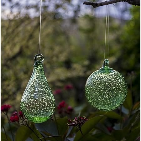 Artisan Crafts and Design Glow in The Dark Hand-Blown Round and Teardrop Glass Ornaments Indoor and Outdoor Garden Decor (Set of 2)